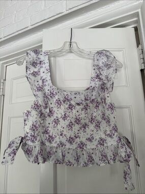 Ruffled Floral Tie-Side Crop Top - White with Purple Floral